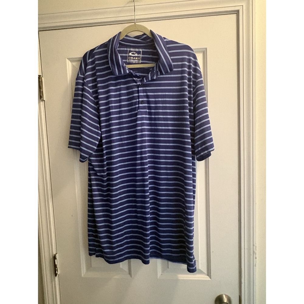 Drake Polo Shirt Mens 2XL Blue Striped Stretch Performance Golf Short Sleeve